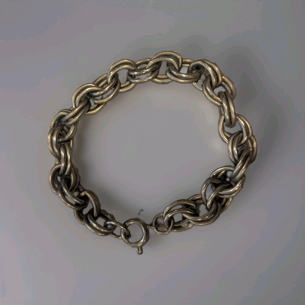 Vintage Silver Tone Double Link Charm Bracelet Chain 6.5" Clasp Starter